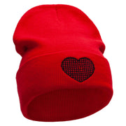 Block Inside Grid Heart Embroidered 12 Inch Long Knitted Beanie - Red OSFM