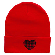 Block Inside Grid Heart Embroidered 12 Inch Long Knitted Beanie - Red OSFM