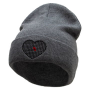 Block Inside Grid Heart Embroidered 12 Inch Long Knitted Beanie - Heather-Charcoal OSFM