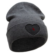 Block Inside Grid Heart Embroidered 12 Inch Long Knitted Beanie - Heather-Charcoal OSFM