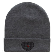 Block Inside Grid Heart Embroidered 12 Inch Long Knitted Beanie - Heather-Charcoal OSFM