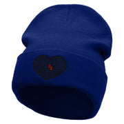 Block Inside Grid Heart Embroidered 12 Inch Long Knitted Beanie - Royal OSFM