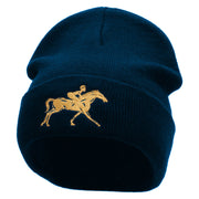 Running Horse Embroidered 12 Inch Long Knitted Beanie - Navy OSFM