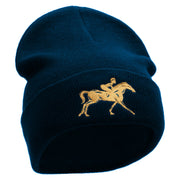 Running Horse Embroidered 12 Inch Long Knitted Beanie - Navy OSFM