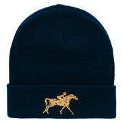 Running Horse Embroidered 12 Inch Long Knitted Beanie - Navy OSFM