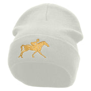 Running Horse Embroidered 12 Inch Long Knitted Beanie - White OSFM