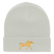 Running Horse Embroidered 12 Inch Long Knitted Beanie - White OSFM