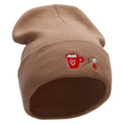 Hot Coca Marshmellow Embroidered 12 inch Acrylic Cuffed Long Beanie - Khaki OSFM