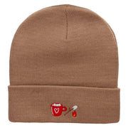 Hot Coca Marshmellow Embroidered 12 inch Acrylic Cuffed Long Beanie - Khaki OSFM