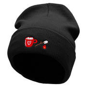 Hot Coca Marshmellow Embroidered 12 inch Acrylic Cuffed Long Beanie - Black OSFM