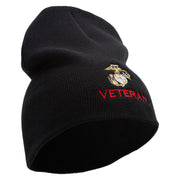 Marine Veteran Symbol Embroidered 8 Inch Solid Knit Short Beanie Made in USA - Black OSFM