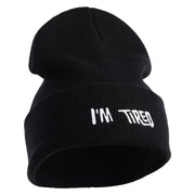 I'm Tired Logo Embroidered 12 Inch Long Knitted Beanie - Black OSFM