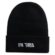 I'm Tired Logo Embroidered 12 Inch Long Knitted Beanie - Black OSFM