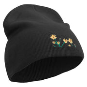 Forest Flowers Embroidered 8 inch Acrylic Short beanie - Black OSFM