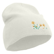 Forest Flowers Embroidered 8 inch Acrylic Short beanie - White OSFM