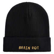 Brain Rot Logo Embroidered Big Size Cuff Long Beanie - Black OSFM