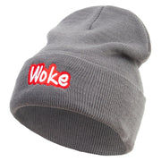 Woke Embroidered 12 inch Acrylic Cuffed Long Beanie - Grey OSFM