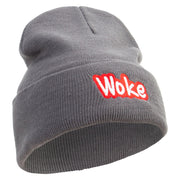 Woke Embroidered 12 inch Acrylic Cuffed Long Beanie - Grey OSFM