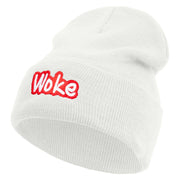 Woke Embroidered 12 inch Acrylic Cuffed Long Beanie - White OSFM