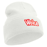 Woke Embroidered 12 inch Acrylic Cuffed Long Beanie - White OSFM