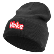 Woke Embroidered 12 inch Acrylic Cuffed Long Beanie - Black OSFM