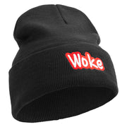 Woke Embroidered 12 inch Acrylic Cuffed Long Beanie - Black OSFM