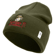 United States Marines Semper Fi Emblem Logo Embroidered 12 Inch Solid Knit Cuff Long Beanie Made in USA - Olive OSFM