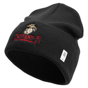 United States Marines Semper Fi Emblem Logo Embroidered 12 Inch Solid Knit Cuff Long Beanie Made in USA - Black OSFM