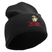 United States Marines Semper Fi Emblem Logo Embroidered 12 Inch Solid Knit Cuff Long Beanie Made in USA - Black OSFM