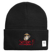 United States Marines Semper Fi Emblem Logo Embroidered 12 Inch Solid Knit Cuff Long Beanie Made in USA - Black OSFM