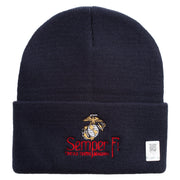 United States Marines Semper Fi Emblem Logo Embroidered 12 Inch Solid Knit Cuff Long Beanie Made in USA - Navy OSFM