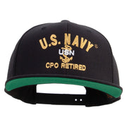 Licensed US Navy USN CPO Retired Embroidered Wool Blend Prostyle Snapback Cap - Black OSFM