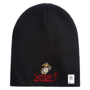 United States Marines Semper Fi Emblem Symbol Embroidered 8 Inch Solid Knit Short Beanie Made in USA - Black OSFM