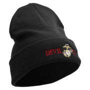 Devil Dog Logo Embroidered 12 Inch Solid Knit Cuff Long Beanie Made in USA - Black OSFM