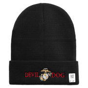 Devil Dog Logo Embroidered 12 Inch Solid Knit Cuff Long Beanie Made in USA - Black OSFM