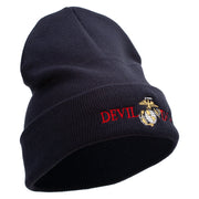 Devil Dog Logo Embroidered 12 Inch Solid Knit Cuff Long Beanie Made in USA - Navy OSFM