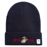 Devil Dog Logo Embroidered 12 Inch Solid Knit Cuff Long Beanie Made in USA - Navy OSFM