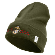 Devil Dog Logo Embroidered 12 Inch Solid Knit Cuff Long Beanie Made in USA - Olive OSFM