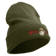 Devil Dog Logo Embroidered 12 Inch Solid Knit Cuff Long Beanie Made in USA - Olive OSFM