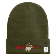 Devil Dog Logo Embroidered 12 Inch Solid Knit Cuff Long Beanie Made in USA - Olive OSFM