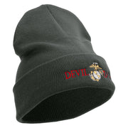 Devil Dog Logo Embroidered 12 Inch Solid Knit Cuff Long Beanie Made in USA - Graphite OSFM