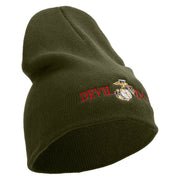 Devil Dog Symbol Embroidered 8 Inch Solid Knit Short Beanie Made in USA - Olive OSFM