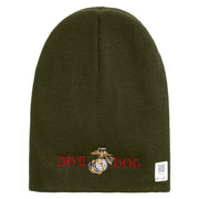 Devil Dog Symbol Embroidered 8 Inch Solid Knit Short Beanie Made in USA - Olive OSFM