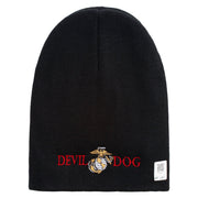 Devil Dog Symbol Embroidered 8 Inch Solid Knit Short Beanie Made in USA - Black OSFM