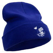 Simple Flowers Embroidered 12 Inch Long Knitted Beanie - Royal OSFM