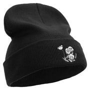 Simple Flowers Embroidered 12 Inch Long Knitted Beanie - Black OSFM