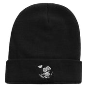 Simple Flowers Embroidered 12 Inch Long Knitted Beanie - Black OSFM