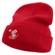 Simple Flowers Embroidered 12 Inch Long Knitted Beanie - Red OSFM