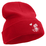 Simple Flowers Embroidered 12 Inch Long Knitted Beanie - Red OSFM