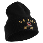 US Navy Retired Military Embroidered 12 inch Cuffed Knit Long Beanie - Black OSFM